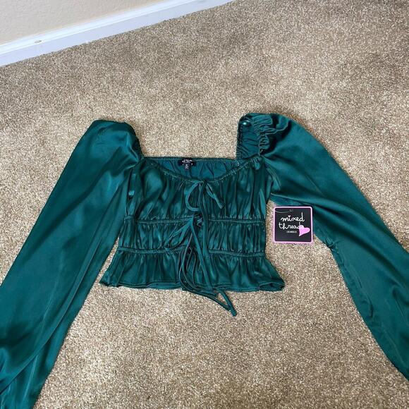 Mixed Threads blouse top Long Sleeve Textured Satin Emarald green puff sleeve SM - Picture 11 of 11